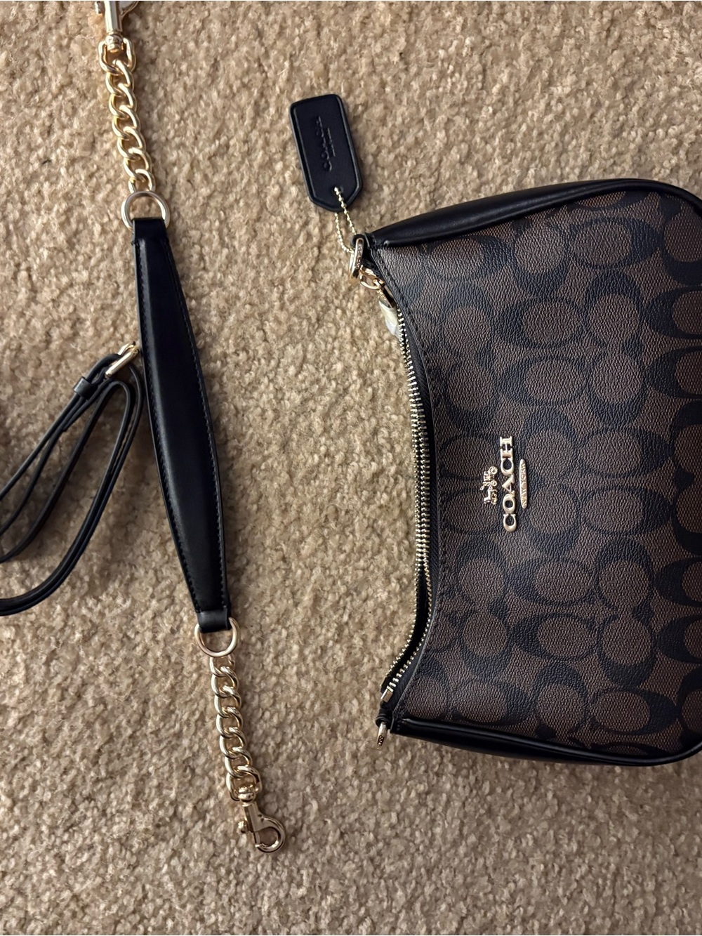 Coach Brown Signature Canvas Shoulder Bag with Black Trim and Gold Hardware